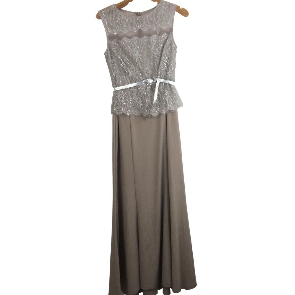Emma Street Sleeveless Lace Embroidered Beaded Belt Top Maxi Dress Beige Tan 6